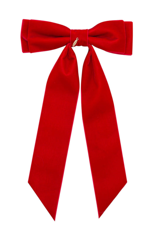 Madeline Velvet Long Tail Bow Clip - Red