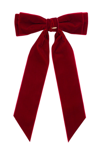 Madeline Velvet Long Tail Bow Clip - Dark Red