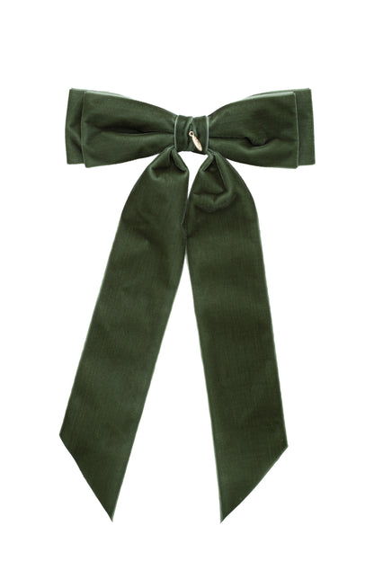 Madeline Velvet Long Tail Bow Clip - Forest Green Moss *NEW COLOR*