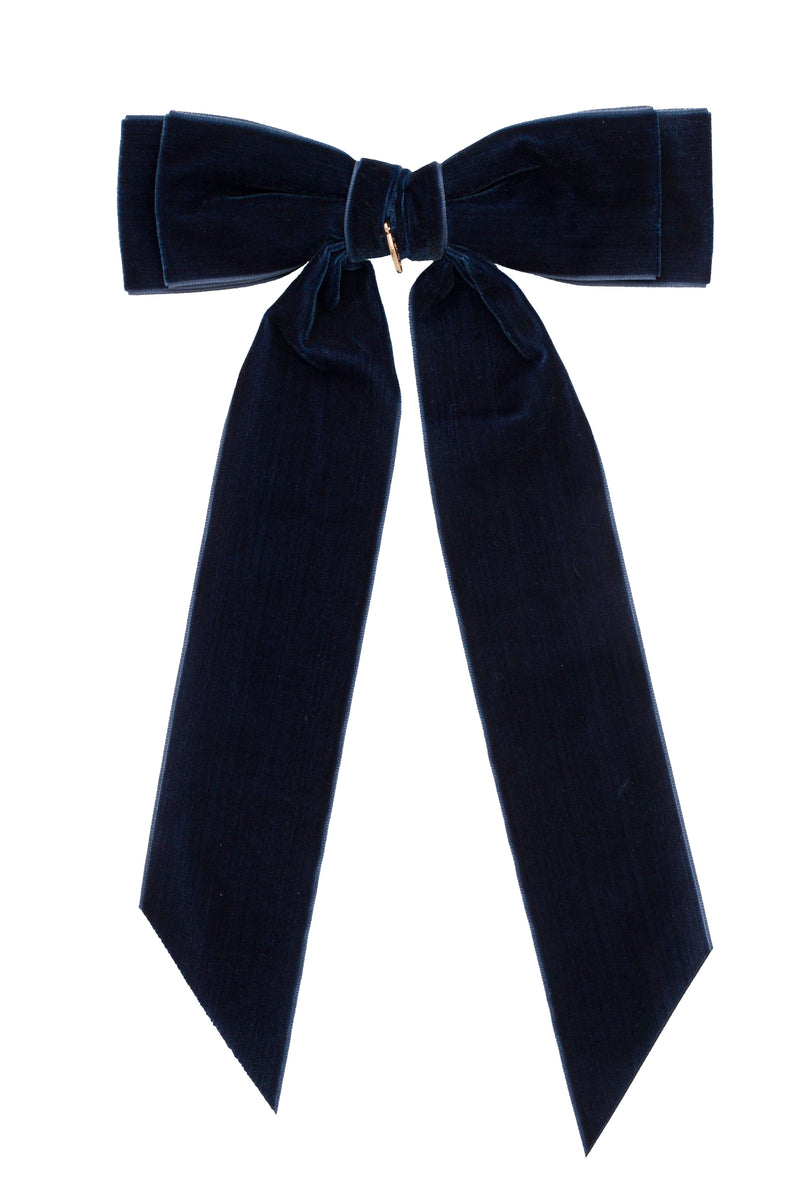 Madeline Velvet Long Tail Bow Clip - Navy (Handmade in the USA!)