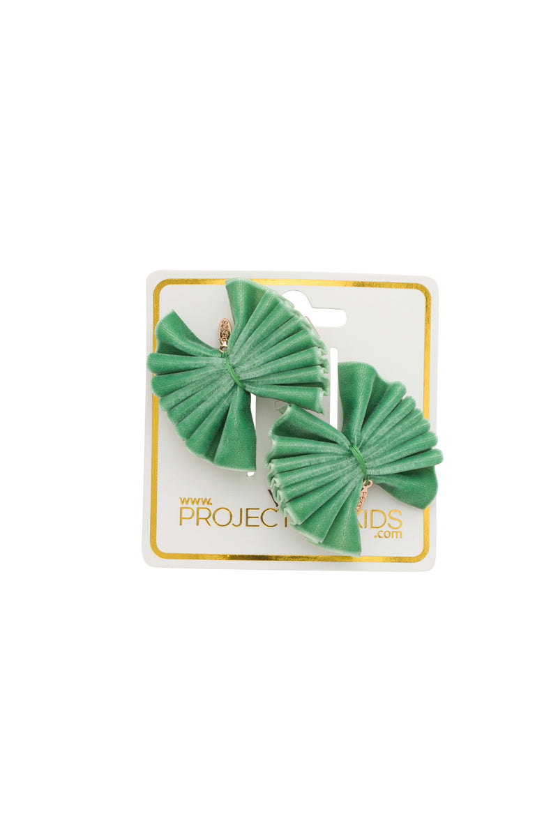 Velvet Pleated Butterfy Bow Clip Set - Cool Green