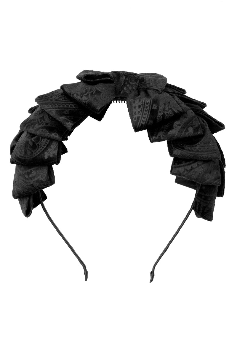 Pleated Ribbon Headband - Black Paisley Suede