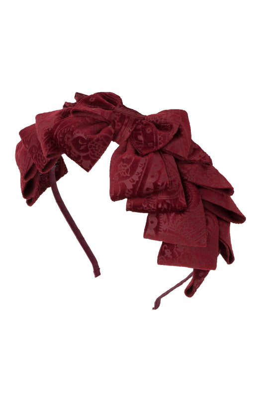 Pleated Ribbon Headband - Burgundy Paisley Suede