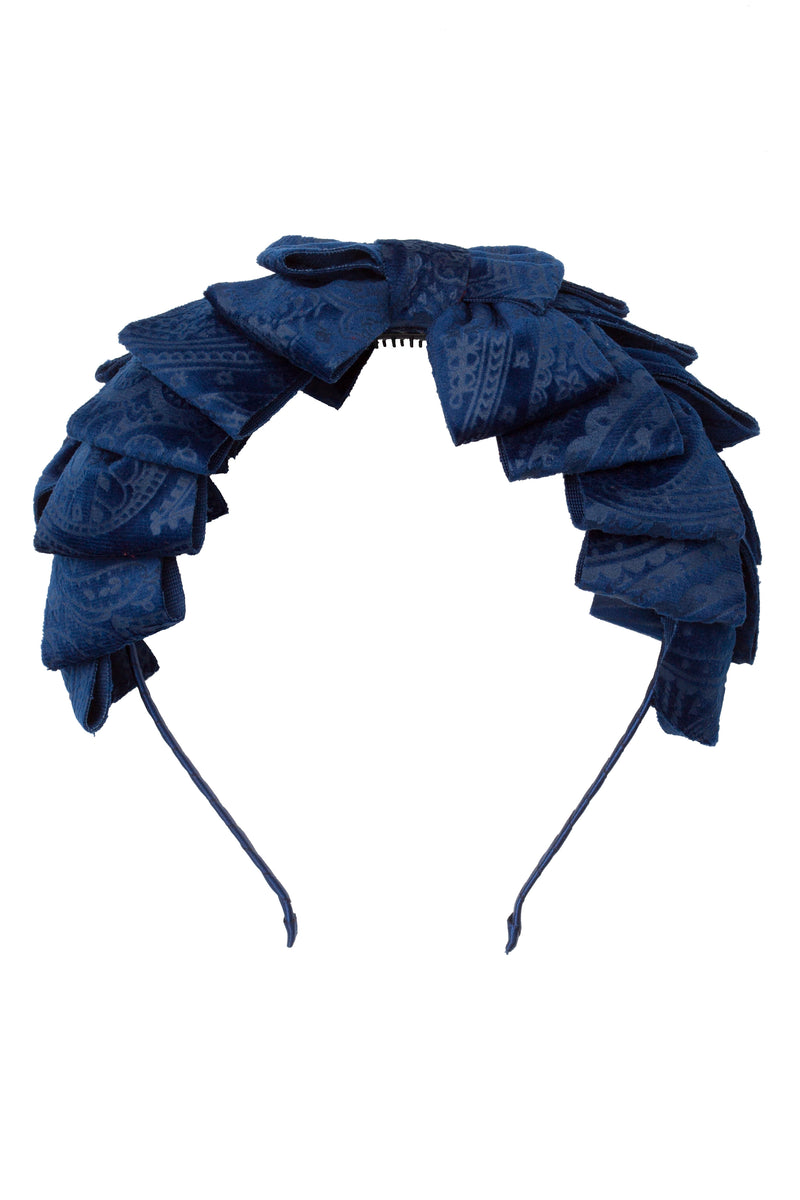 Pleated Ribbon Headband - Navy Paisley Suede