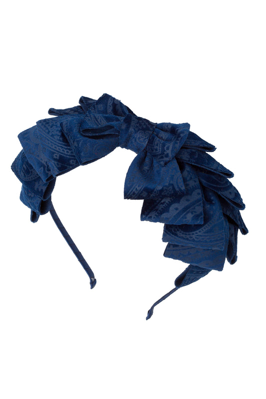 Pleated Ribbon Headband - Navy Paisley Suede