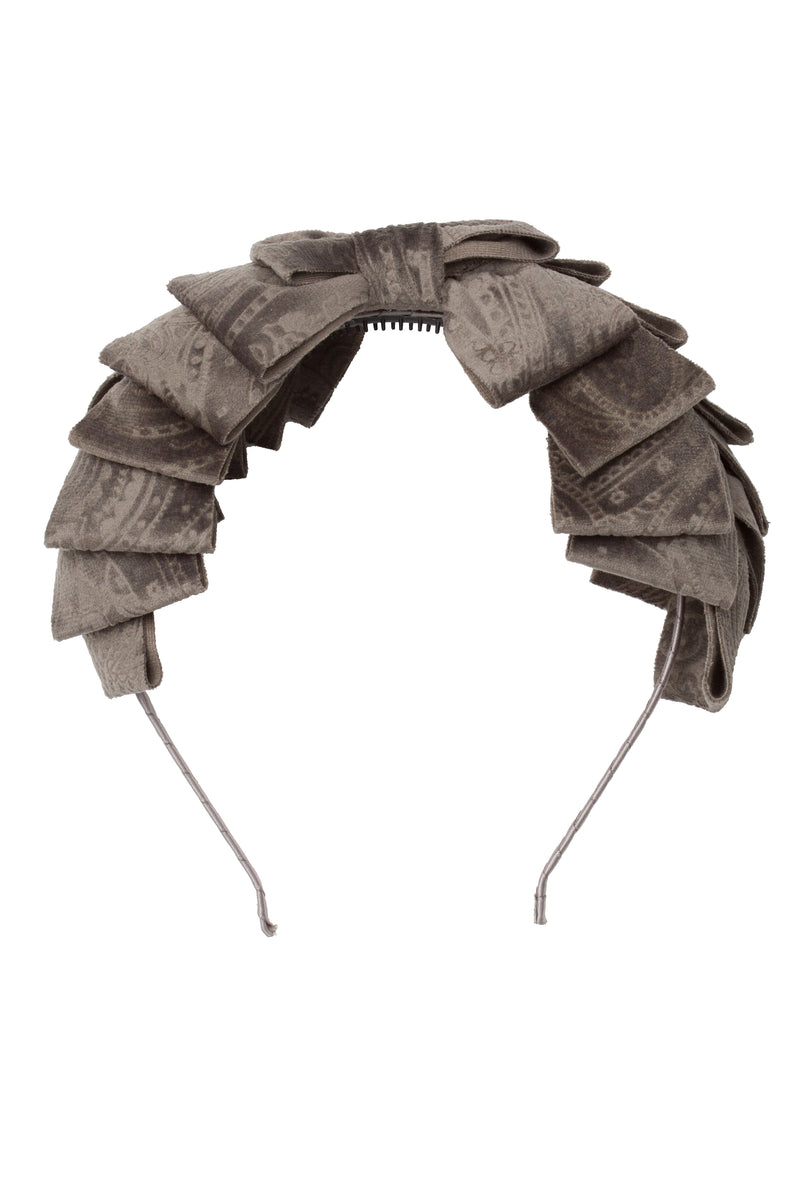 Pleated Ribbon Headband - Smoke Grey Paisley Suede