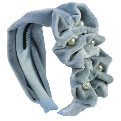 Ruffled Pearl Velvet Headband - Antique Blue