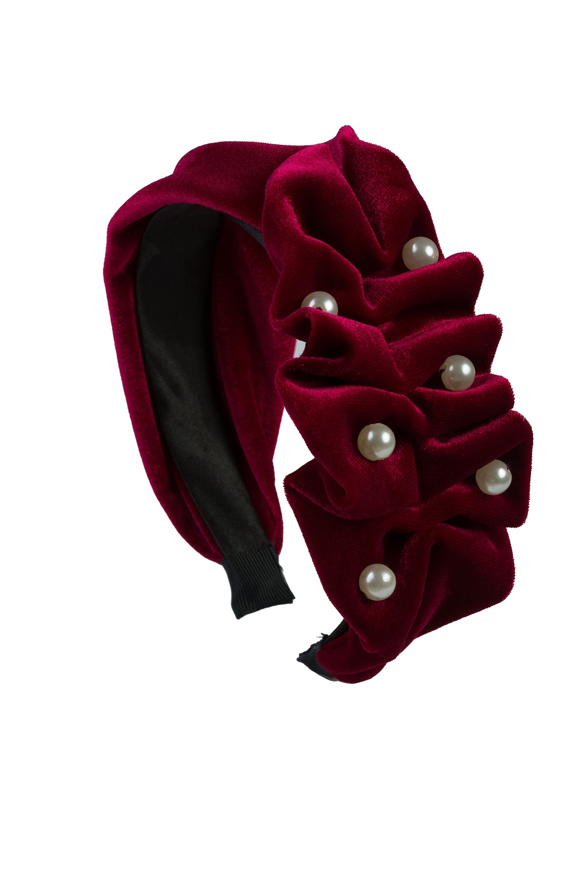 Ruffled Pearl Velvet Headband - Burgundy