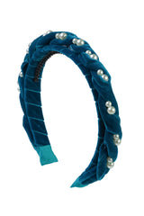 Twisted Pearl Velvet Headband - Turquoise
