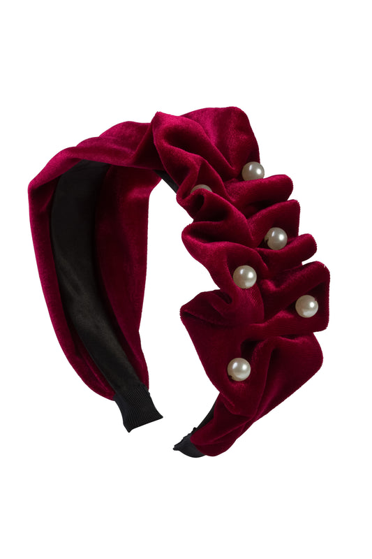 Ruffled Pearl Velvet Headband - Burgundy