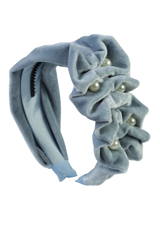 Ruffled Pearl Velvet Headband - Antique Blue