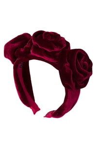 Triple Rose Garden Headband - Burgundy Velvet