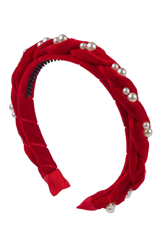 Twisted Pearl Velvet Headband - Red