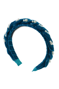 Twisted Pearl Velvet Headband - Turquoise