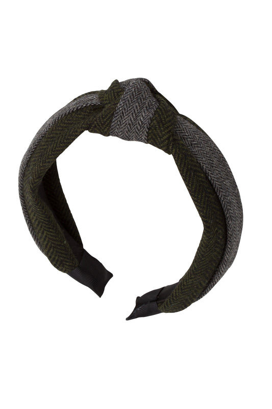 Knot Herringbone Headband - Olive/Grey